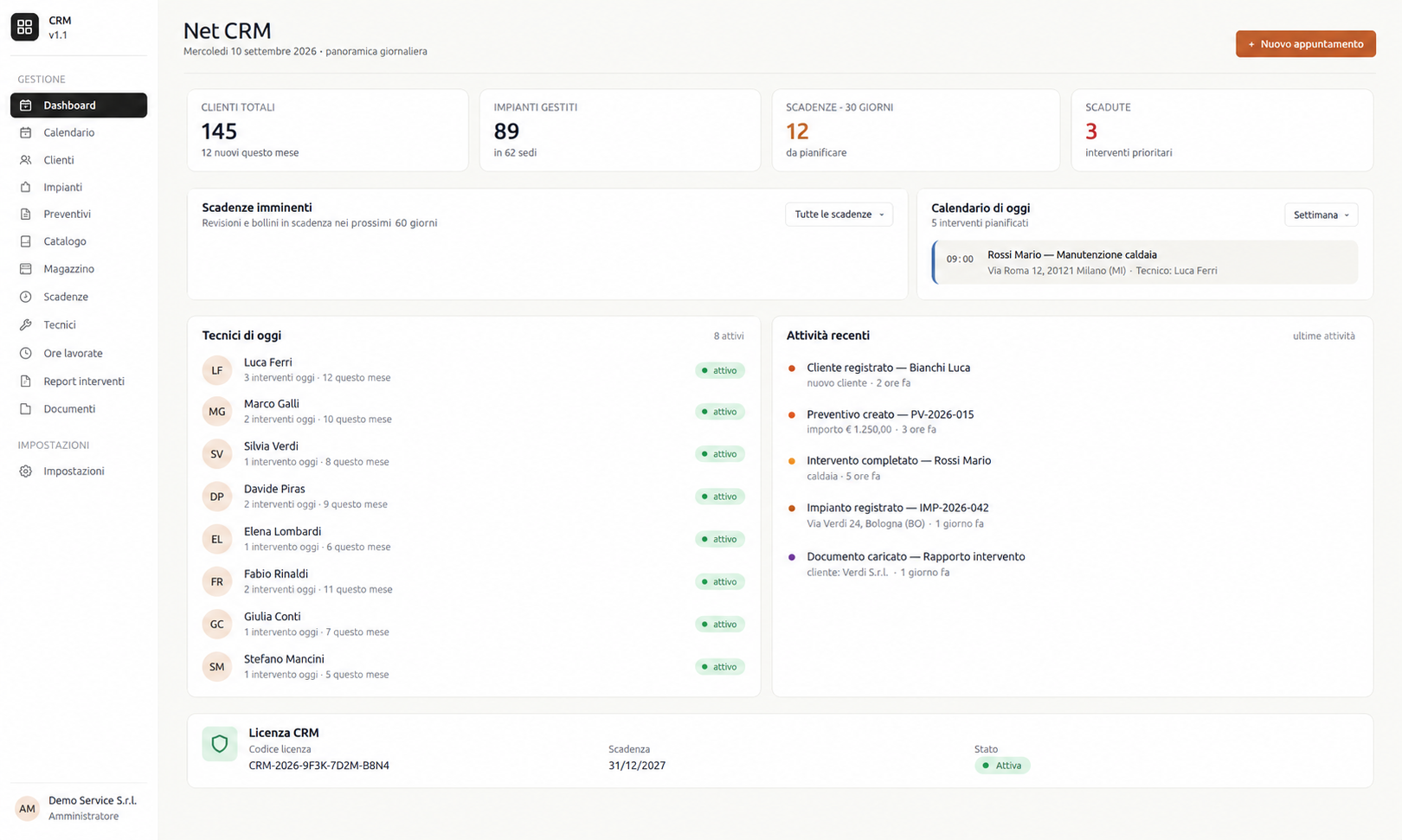 CRM — dashboard con clienti, impianti, scadenze, tecnici e attività recenti